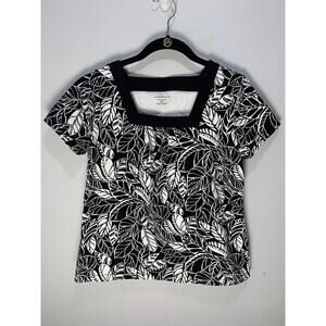 Croft & Barrow Womens Black & White Leaf Print Petite Stretch Top Size PM
